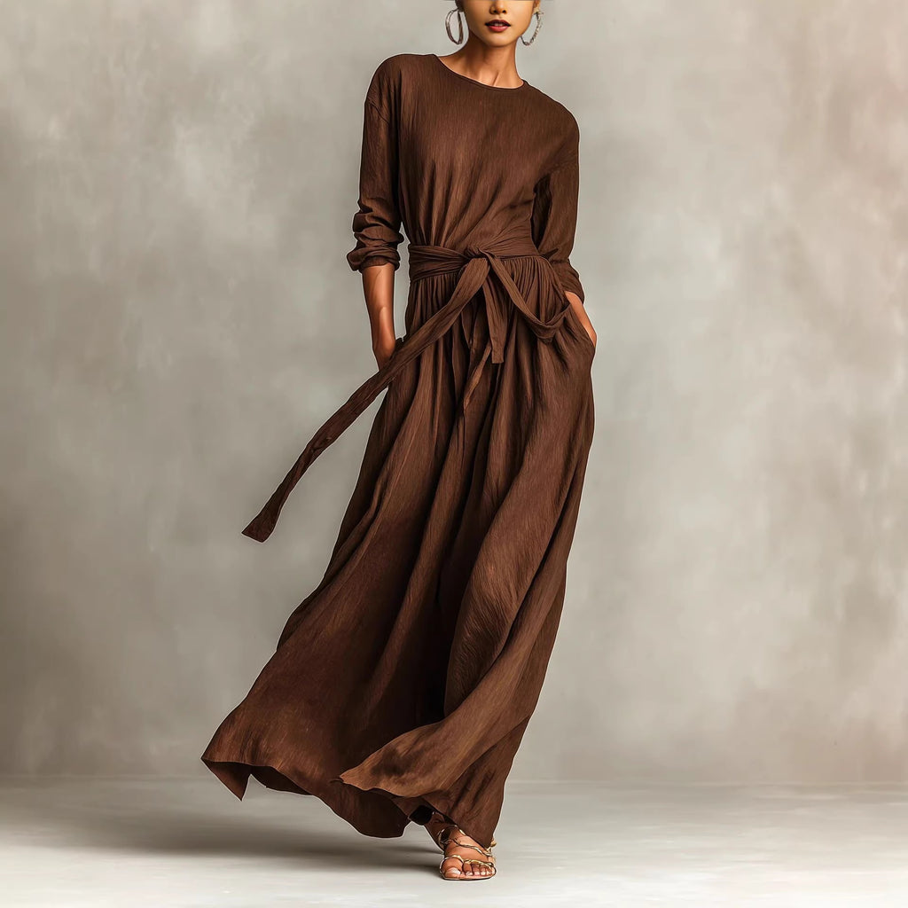 New Elegant Brown Woven Long-sleeve Crew-neck Dress For Women