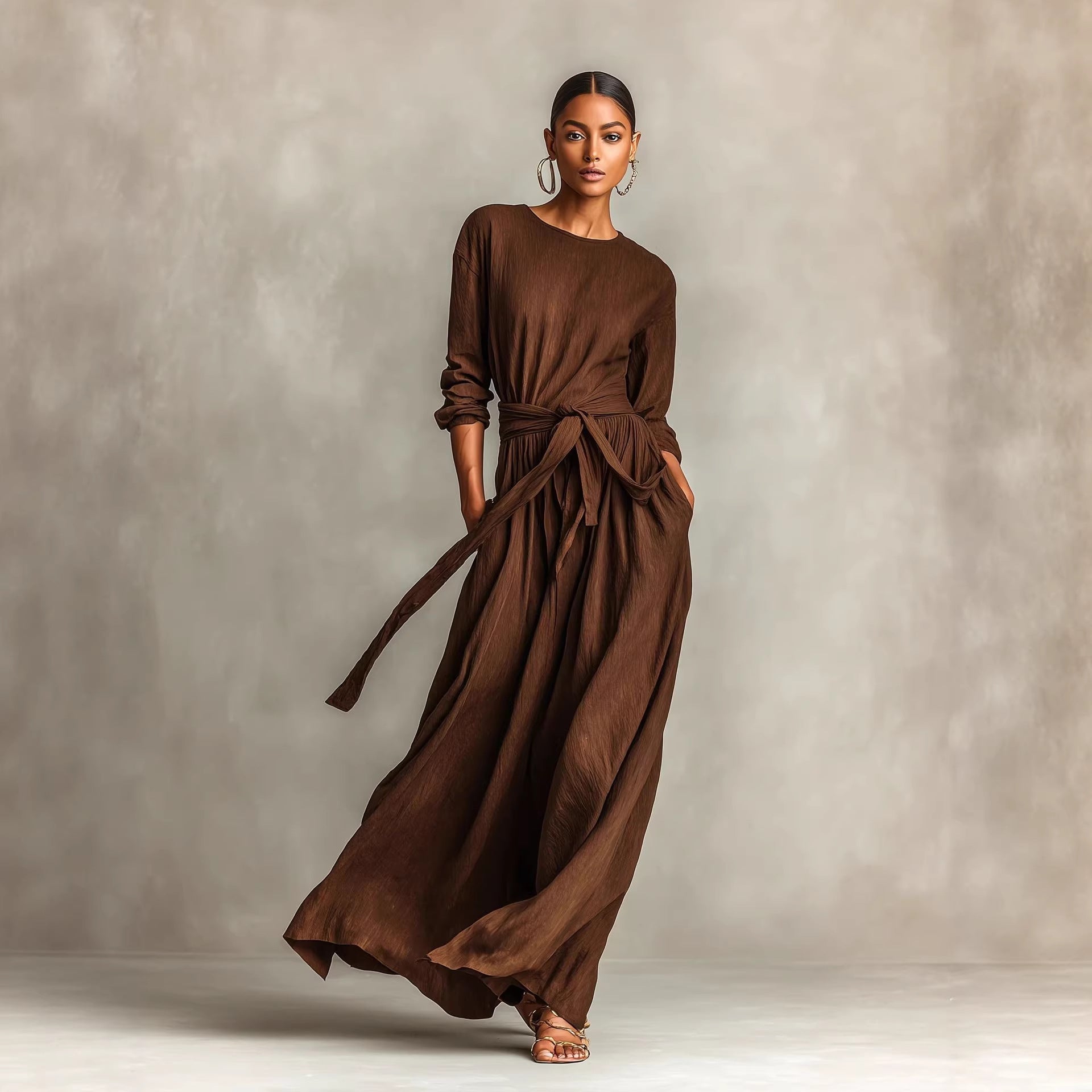 New Elegant Brown Woven Long-sleeve Crew-neck Dress For Women