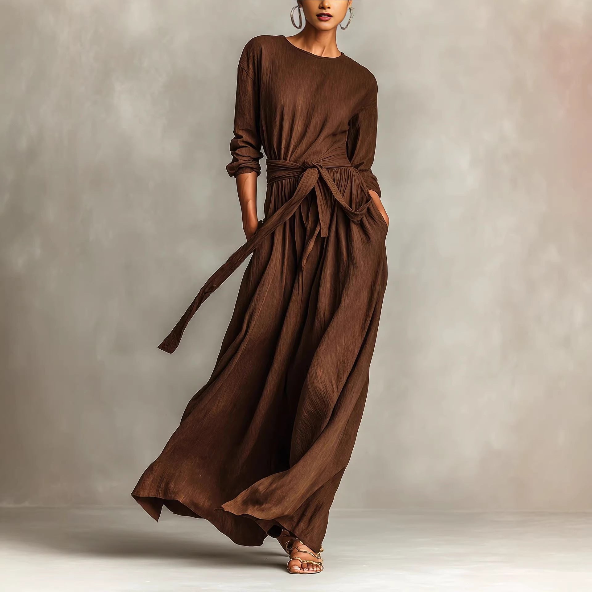 New Elegant Brown Woven Long-sleeve Crew-neck Dress For Women