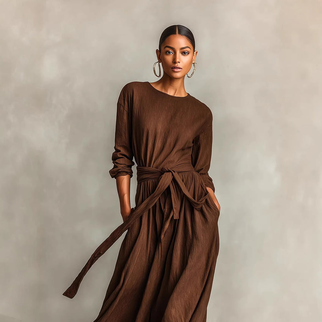 New Elegant Brown Woven Long-sleeve Crew-neck Dress For Women