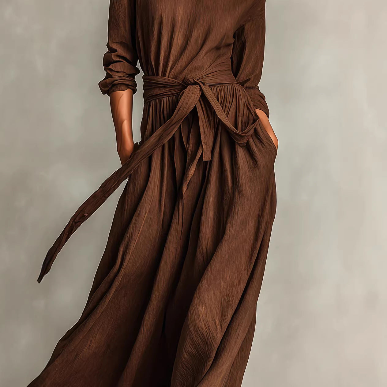 New Elegant Brown Woven Long-sleeve Crew-neck Dress For Women