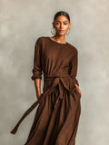 New Elegant Brown Woven Long-sleeve Crew-neck Dress For Women