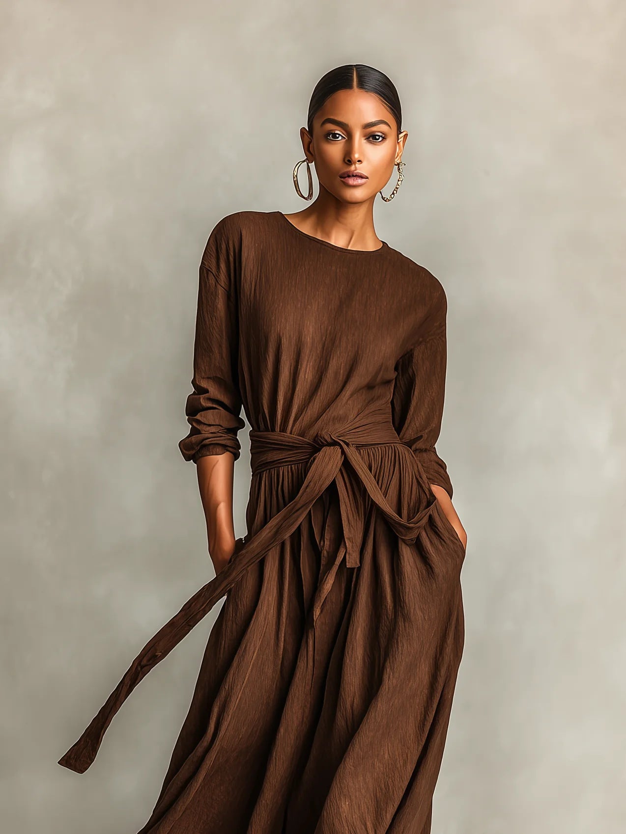 New Elegant Brown Woven Long-sleeve Crew-neck Dress For Women